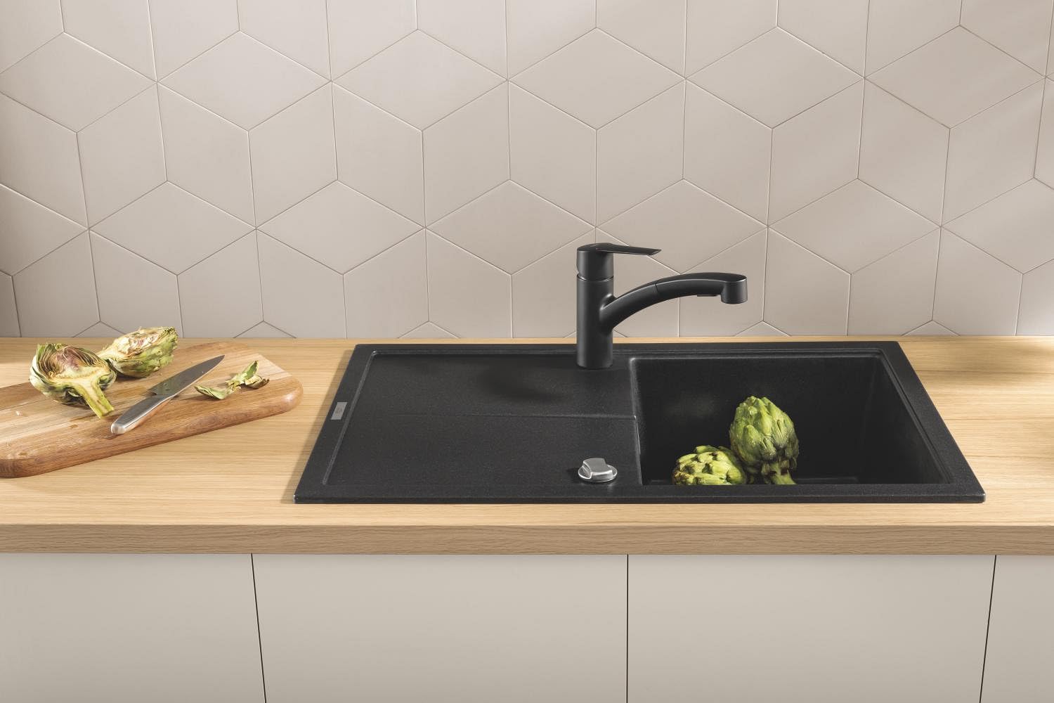 GROHE QUICKFIX Start, Rubinetto Miscelatore monocomando per lavello, con doccetta estraibile a 2 getti, Matt Black, 303072431
