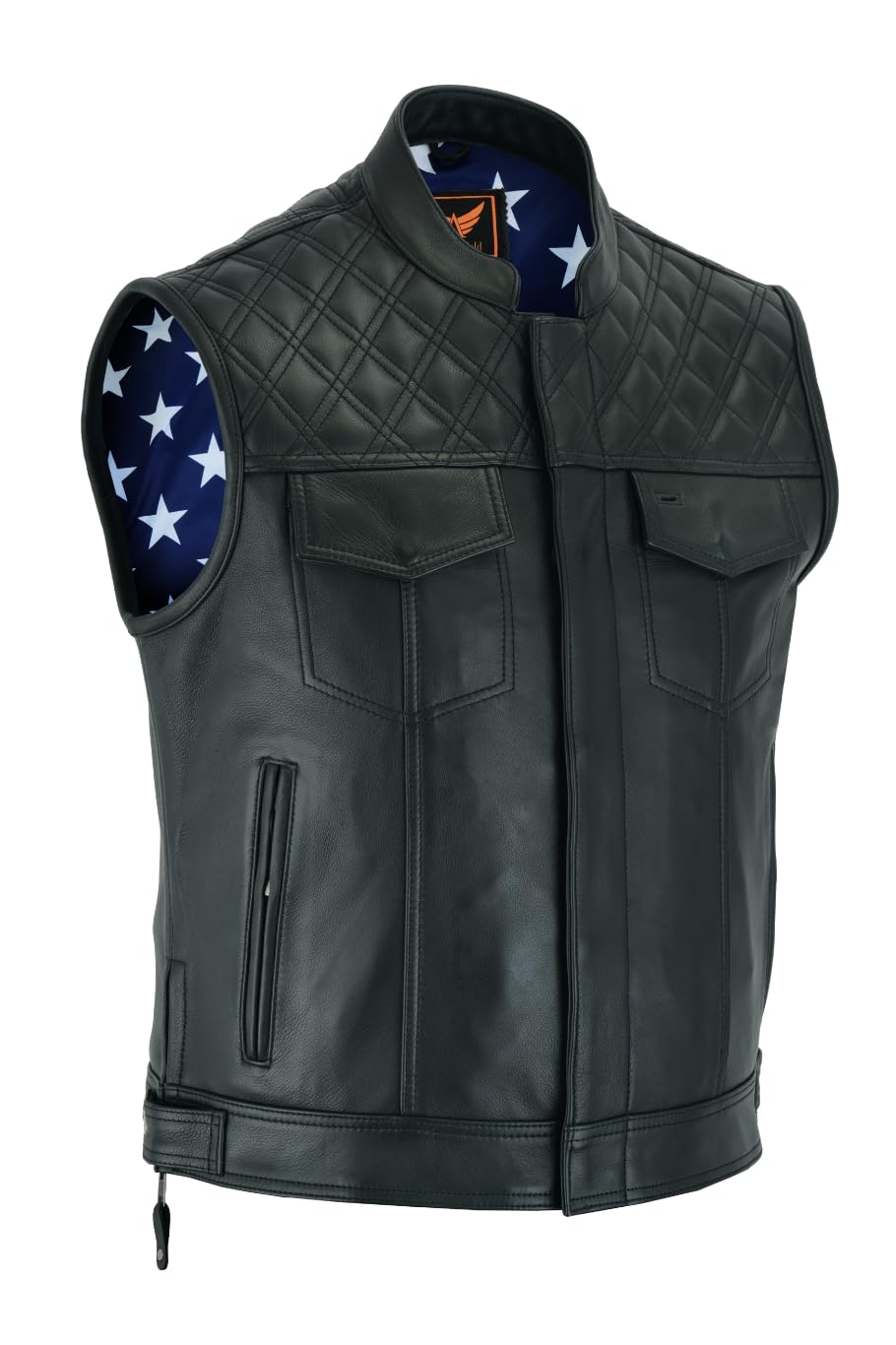 Gilet da motociclista da uomo, in pelle, stile club, con fodera con bandiera, trasporto nascosto, spalle trapuntate