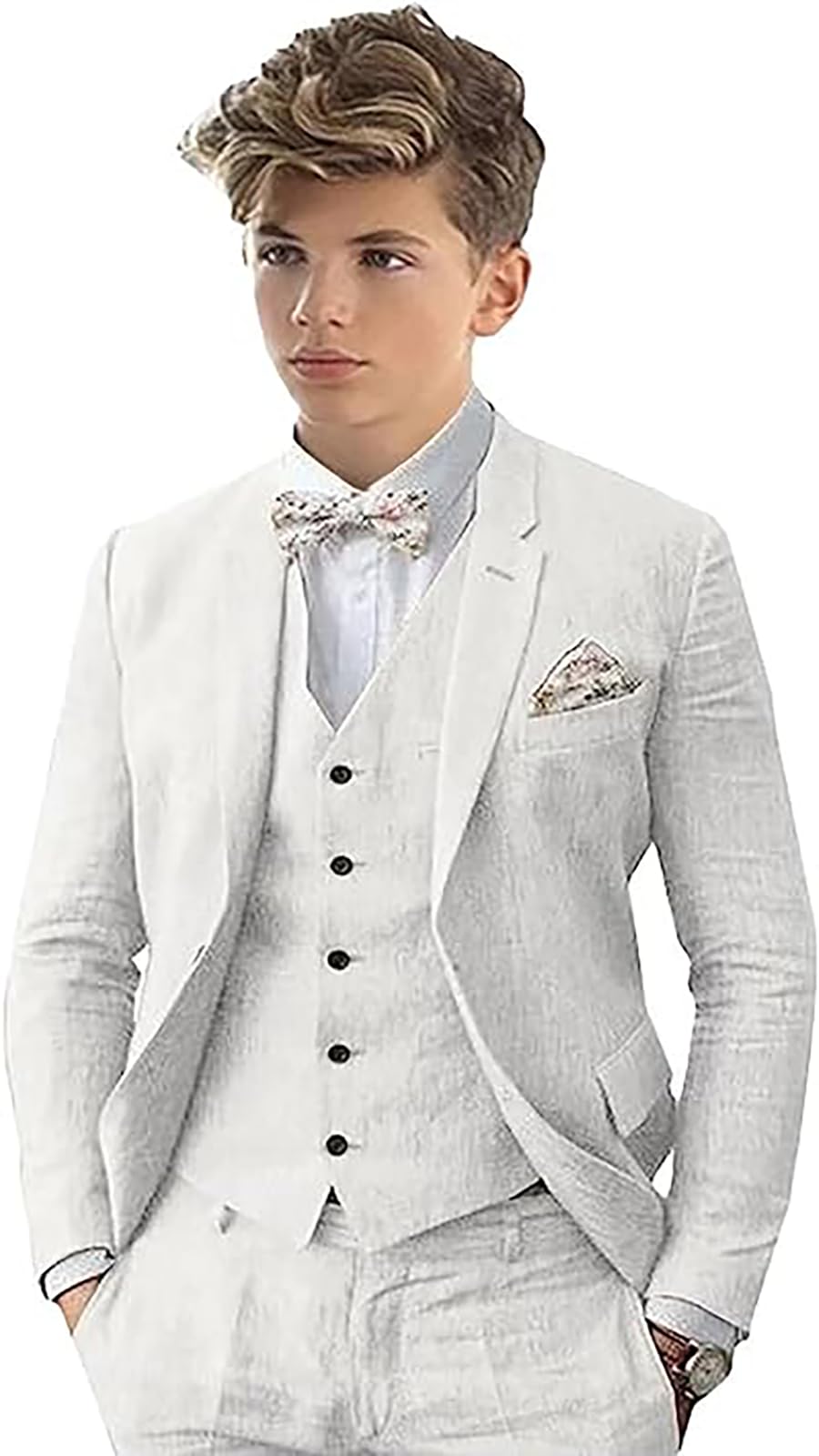 Completo in lino da 3 pezzi per ragazzo Peak Label Slim Fit Set monopetto smoking sposo matrimonio