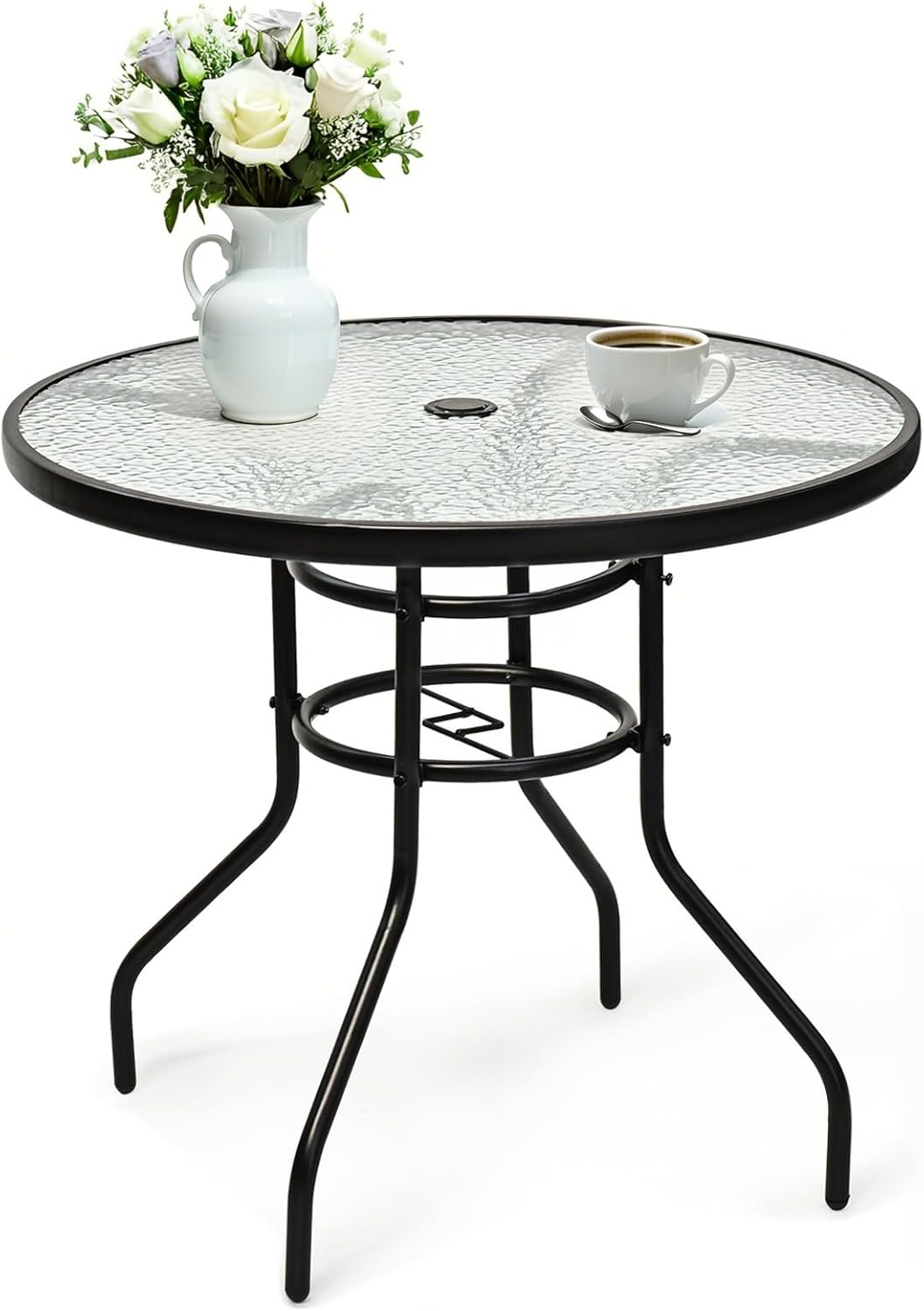 32 Inch Patio Table, Outdoor Dining Furniture w/ 1.65” Umbrella Hole, Sturdy Metal Frame with Tempered Glass Top, Small Accent Bistro Coffee Table for Deck, Balcony, Garden, Pool, Backyard