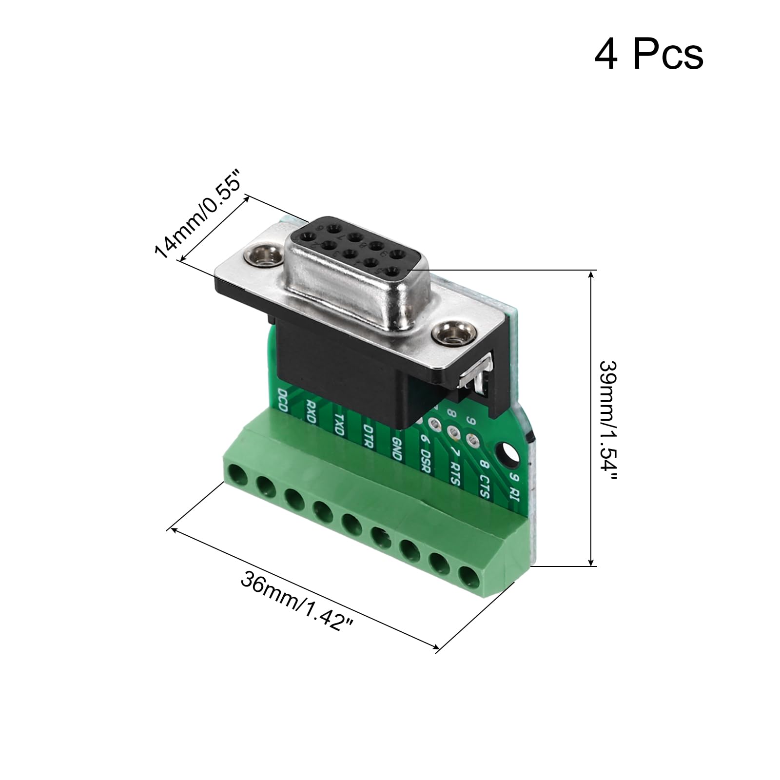 MECCANIXITY DB9 Breakout Connector/RS232 Serial 9 Pin Connector Female Socket 9-pin 2-Row Female Solderless Serial Port Terminal Breakout for Mechanical Equipment CNC Computers Pack of 4