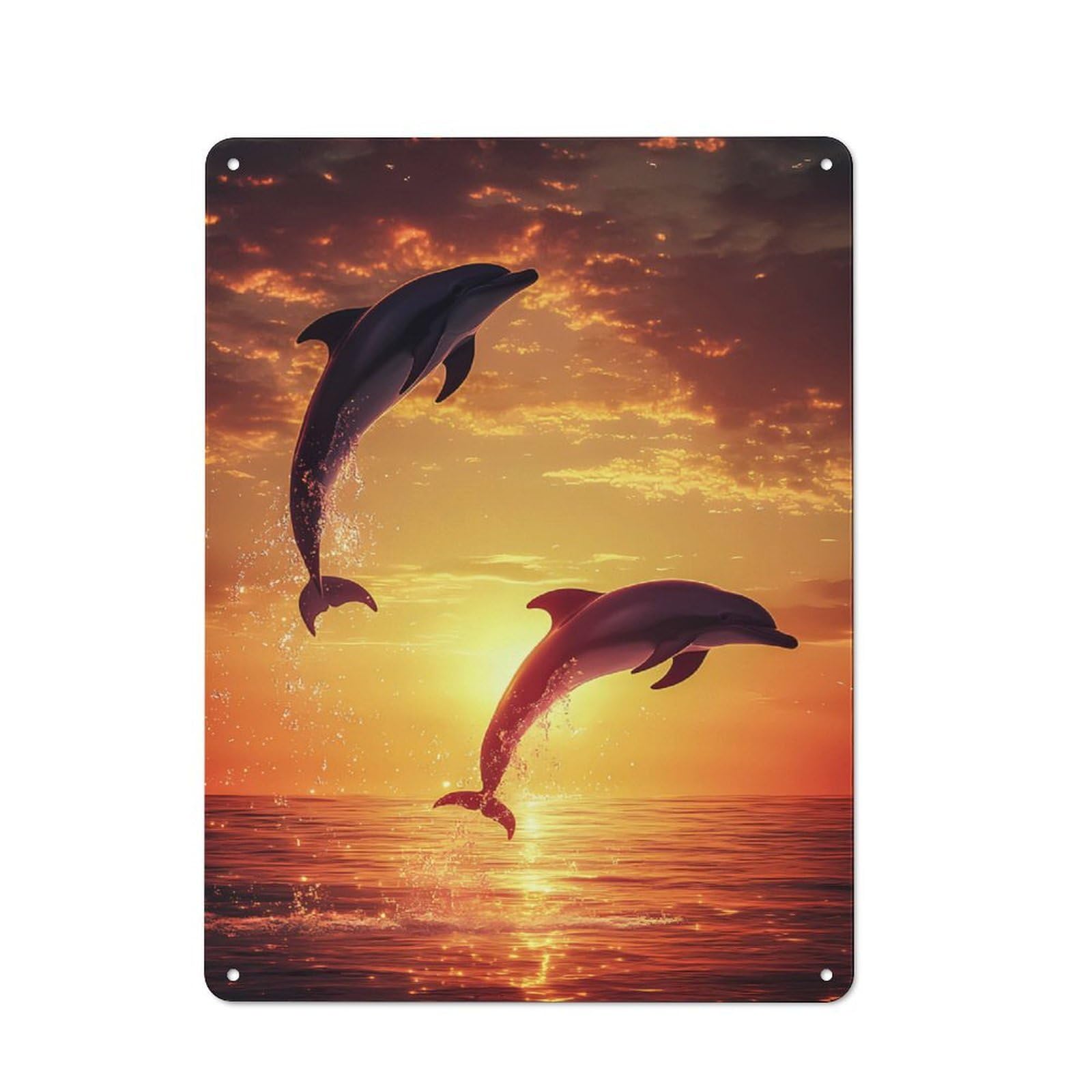Dolphins Jumping at Sunset Printed Tin Plaque for Seasonal Kitchen, Dining Room Or Entrance, Festive Gift for Home Decor Lovers, 40x30cm