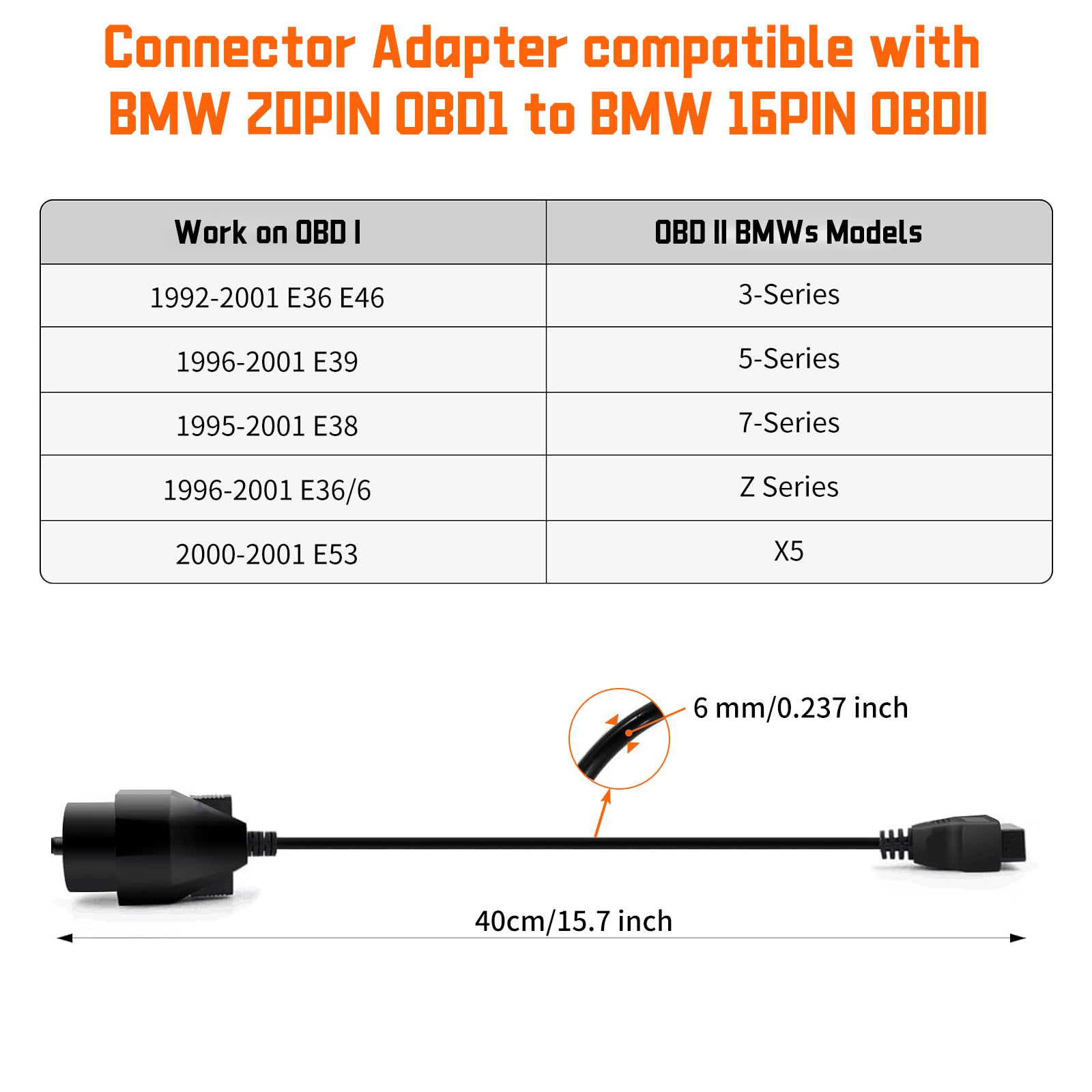 20-pinowy kabel adaptera OBD męski okrągły do OBD2 żeński 16-pinowy złącze do skanera diagnostycznego 20 pinów OBDII samochód BMW E36 E38 E39 E46 E53 X5 Z3 (30 cm)