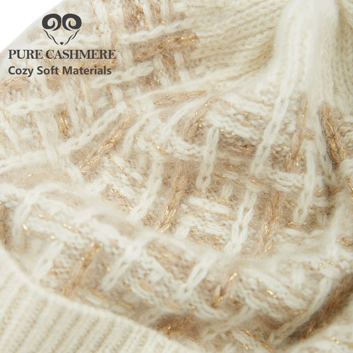 Gorro de Punto de Cachemira para Mujer, Sombrero de Punto Cálido Invierno para Niña, Elegante Gorra con Puños Gorro de Esquí Beanie para Snowboard, Cumpleaños Invierno Beige