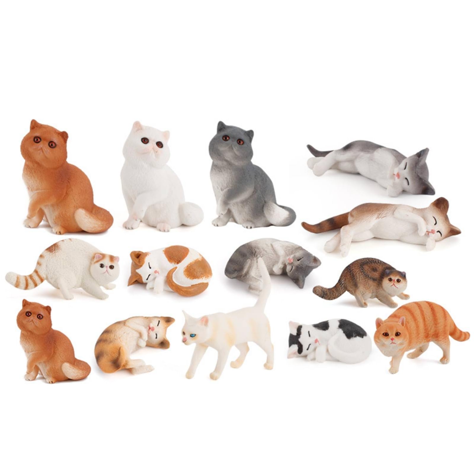 Six Petites Statues Chat Peintes avec Détails Faciaux Précis pour Décoration Bureau et Collection sur Tablette