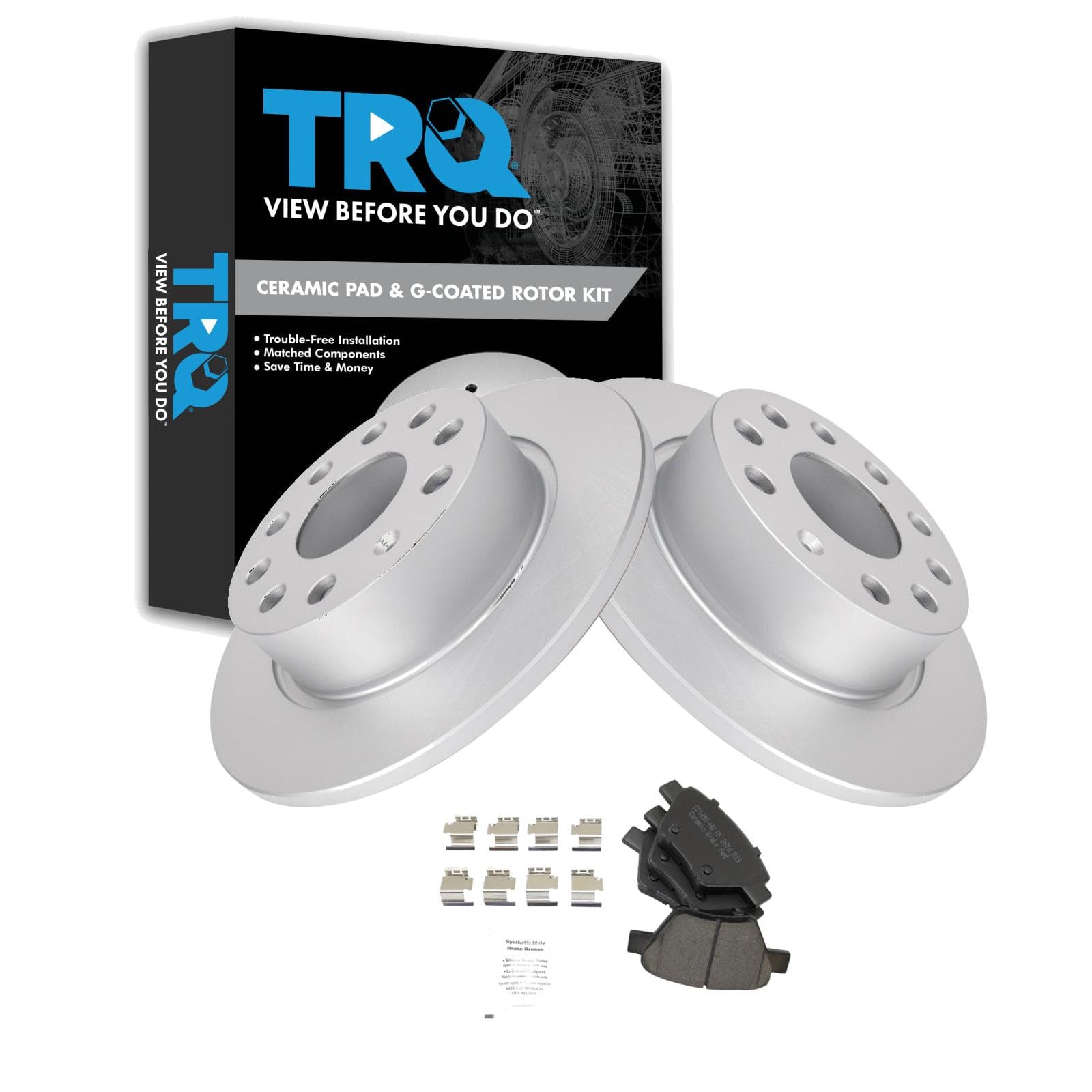 TRQ Rear Brake Pad and Rotor Set Ceramic G Coated Rotors Compatible with 2013 Volkswagen Beetle 2011-2014 Golf 2012-2014 Jetta