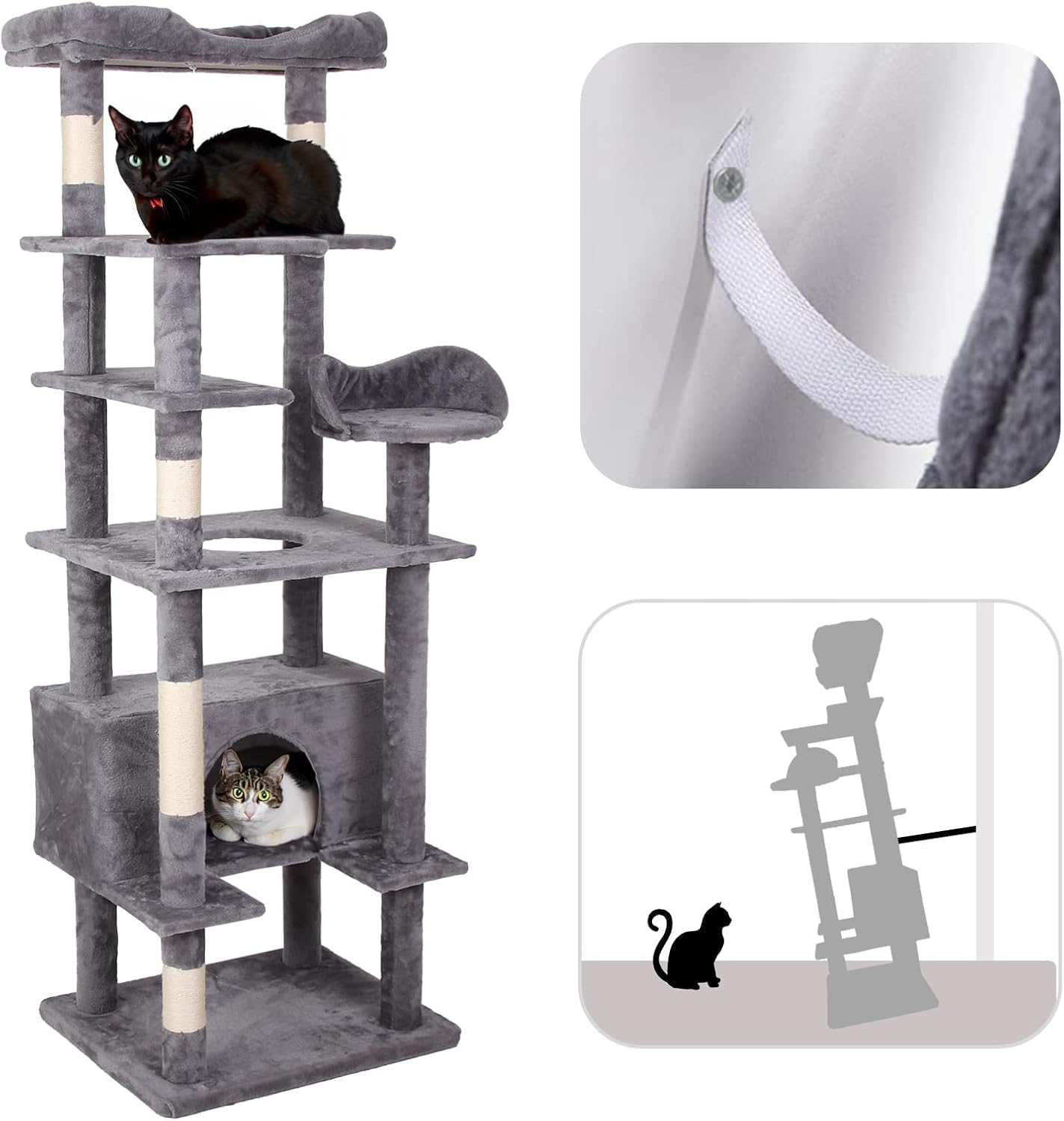 review 71'' Tall Cat Tree, Multi-Level Cat Tower Condo with Scrating Post, Large Top Perch and Dangling Rope, Roomy Condo for Indoor Cats