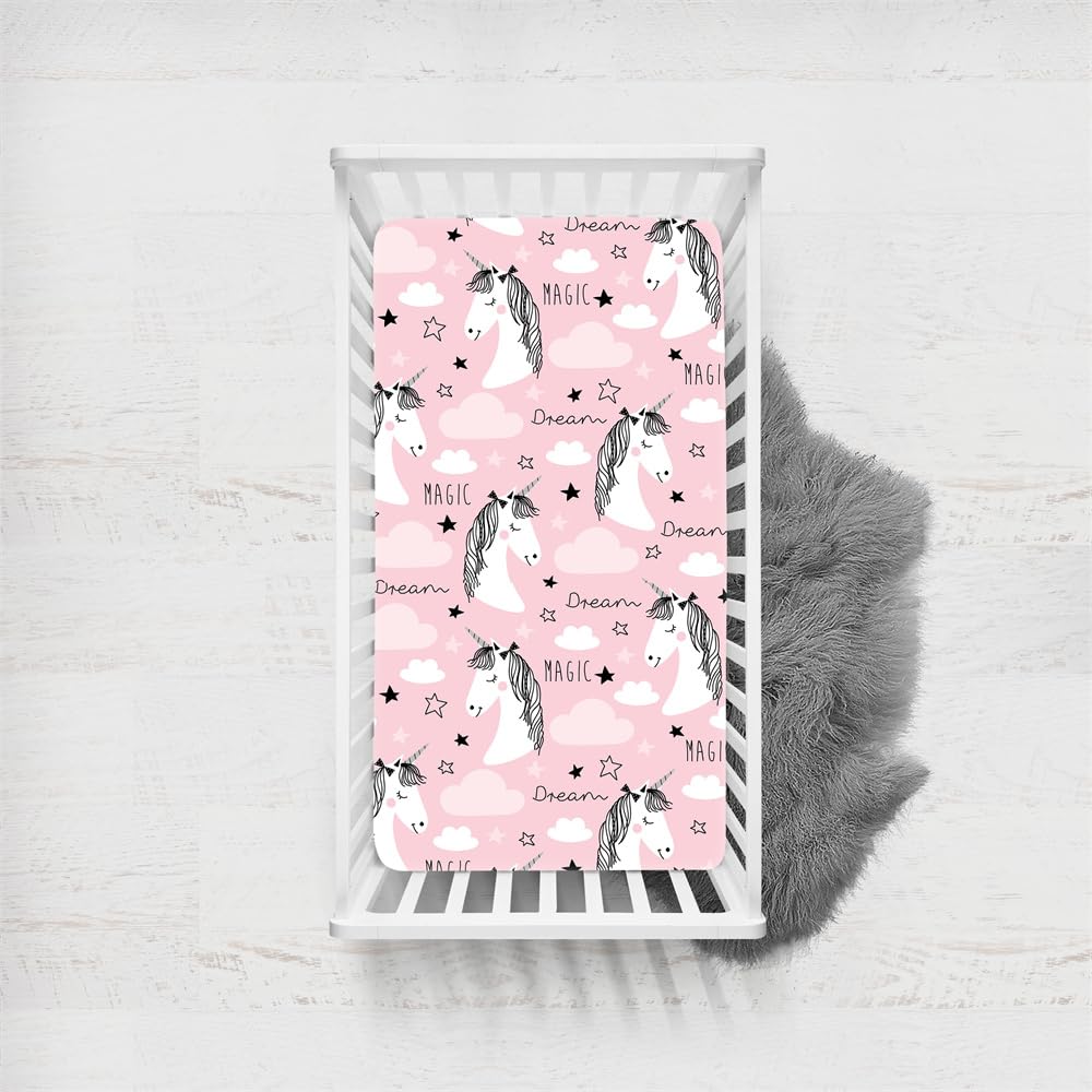 Odot Unicorn Cot Bed Fitted Sheets, Toddler & Baby Bed Sheets, Pink Unicorn Print Microfiber Mattress Protector, Cozy Lightweight Bedside Cribs Bassinet Sheets for Girls (Color C,70x140cm)