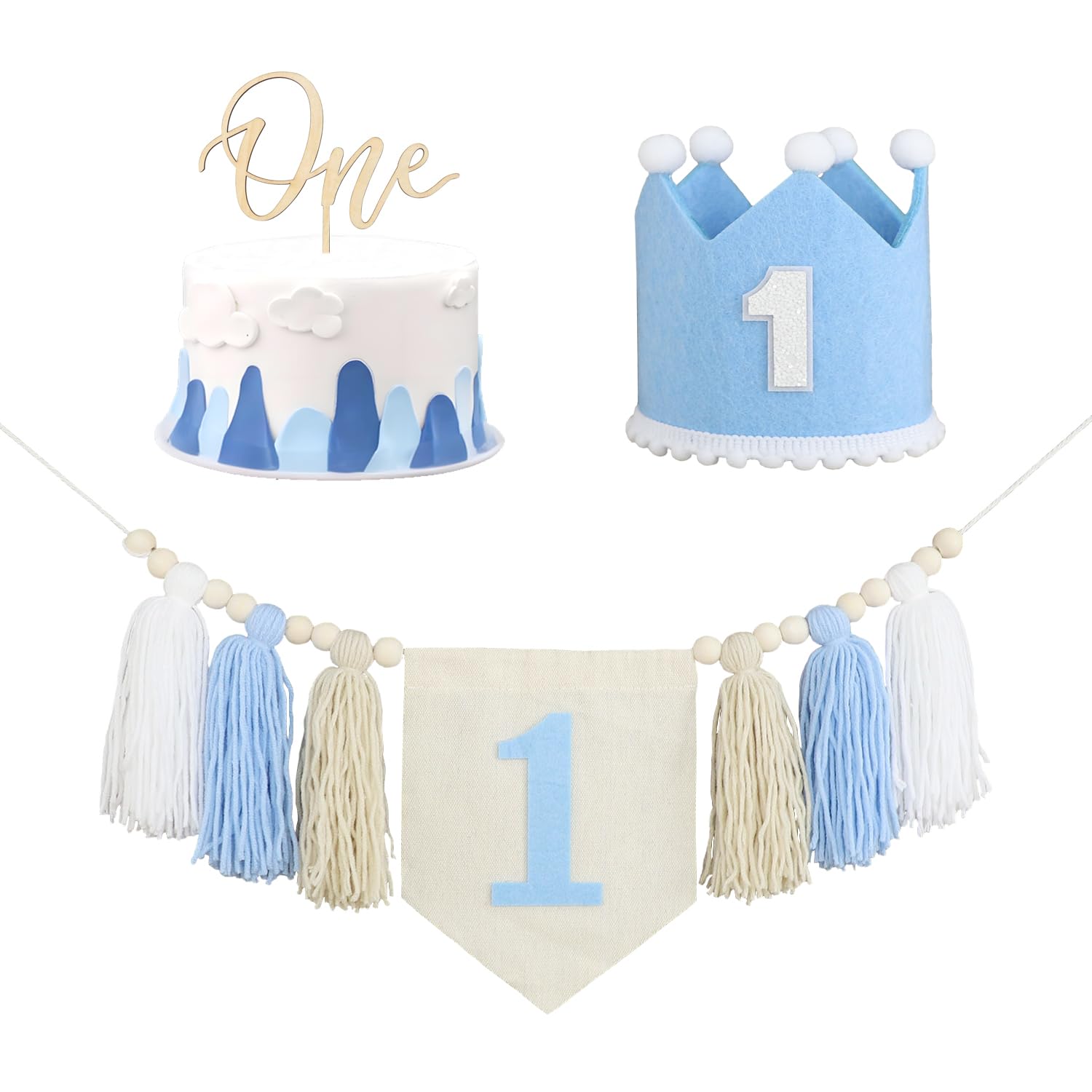 1st Birthday High Chair Banner Decorations - Blue Tassel Garland & Hat For Boy's Party - View #5