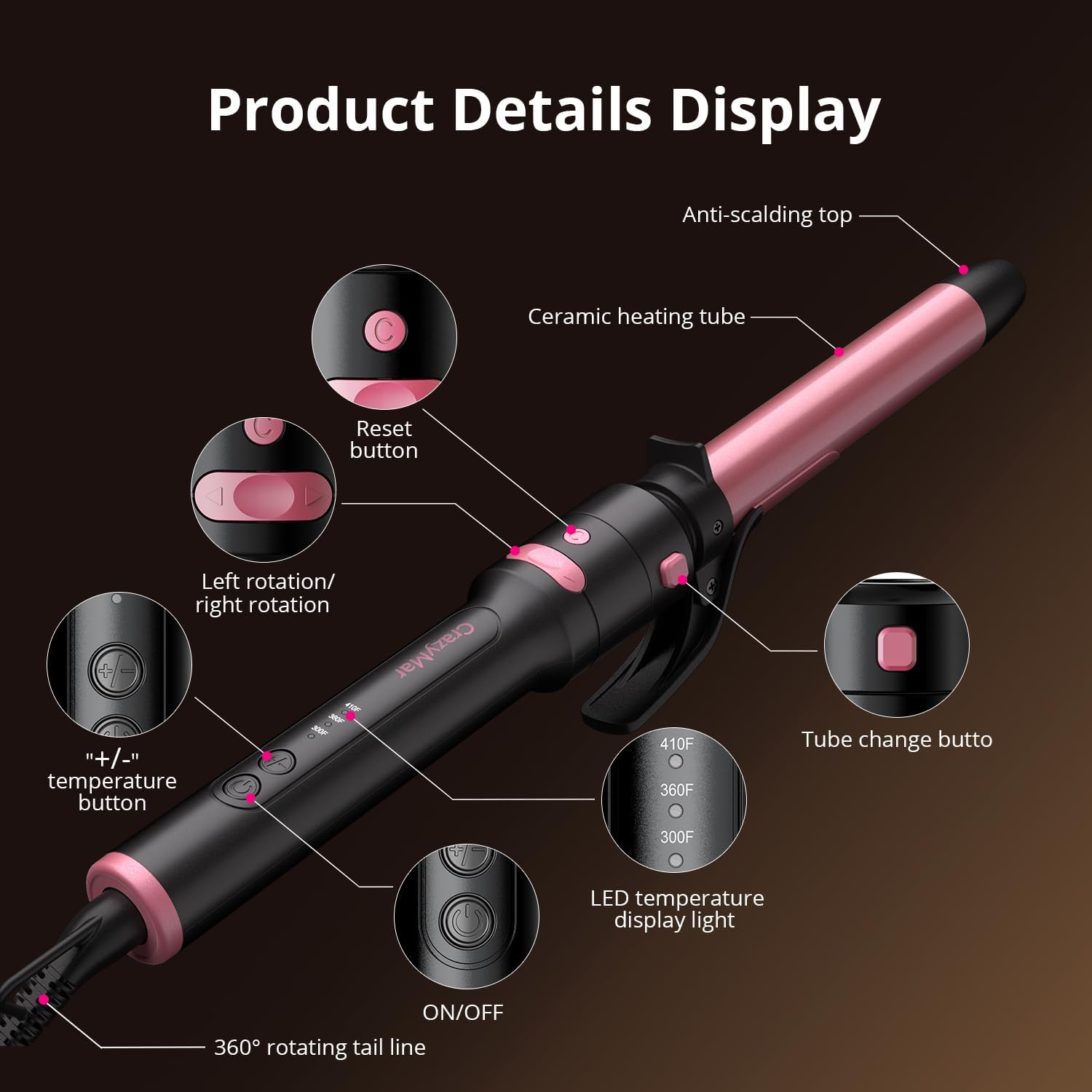 5 in 1 Automatic Rotating Curling Iron Set, CrazyMar Curling Wand Set - 5 Barrels (3/4,1,1/4 Inch) Dual Voltage Curling Wand for Professional Hair Styling, Travel, Ceramic Coating (Black)
