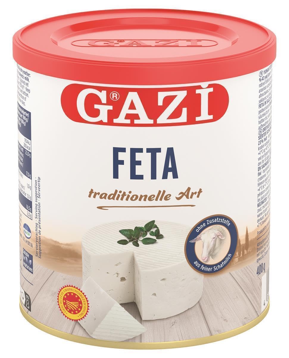 Gazi Feta in Salzlake - 1x 400g Dose - 43% Fett i.Tr. | traditionell hergestellter Feta-Käse | mit authentischem Geschmack | aus 100% griechischer Schafsmilch