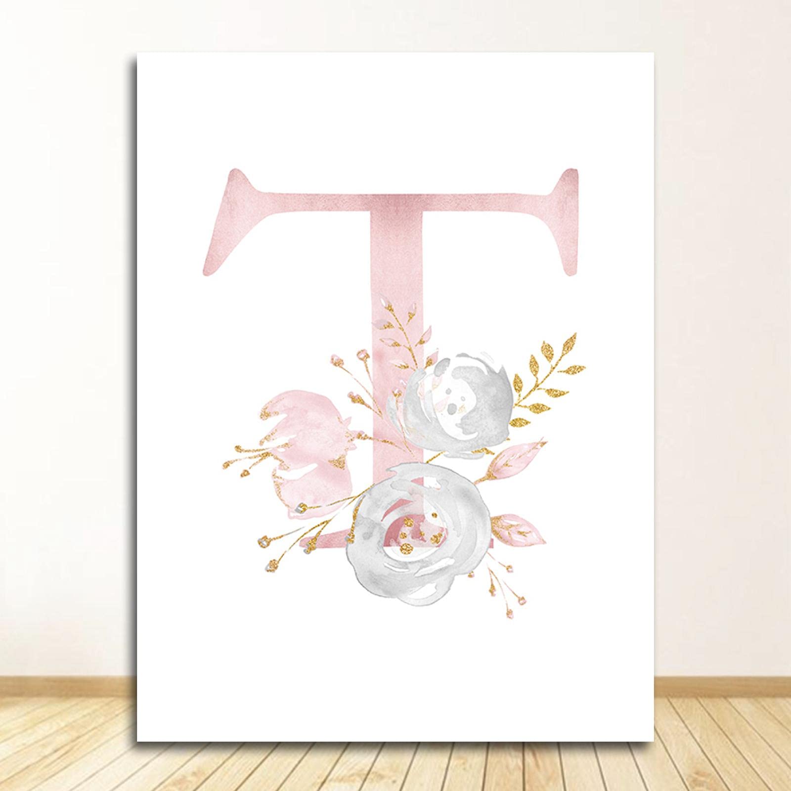 Póster rosa con letra T en inglés, arte en lienzo, nombre de bebé, pintura personalizada, imágenes de flores, guardería, impresiones personalizadas, decoración de pared para habitación de niñas, 50 x
