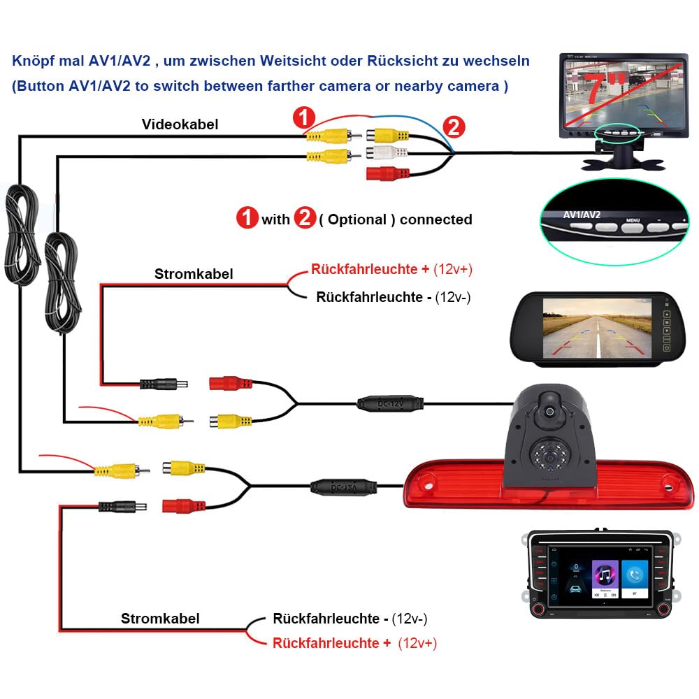 Trzecia lampa hamowania, kamera podwójna kamera cofania z wyświetlaczem LCD o przekątnej 7", zamiennik lusterka wstecznego do Fiat Van Wezel, Opel, Vauxhall, FIAT, Ducato, III, Citroen, Jumper, II