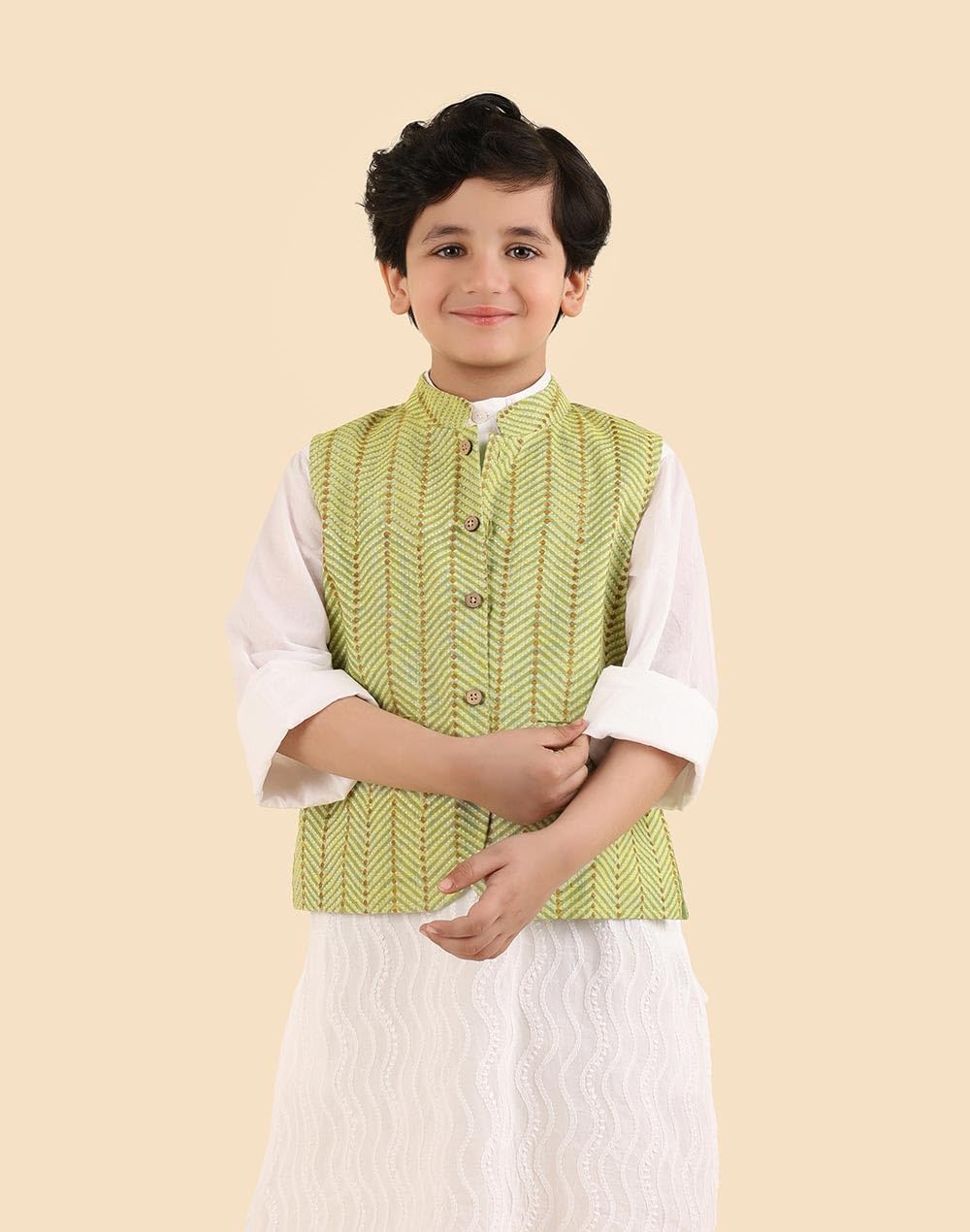 Fabindia Giacca Nehru con colletto mandarino stampato verde per bambini, verde, 3-4 anni