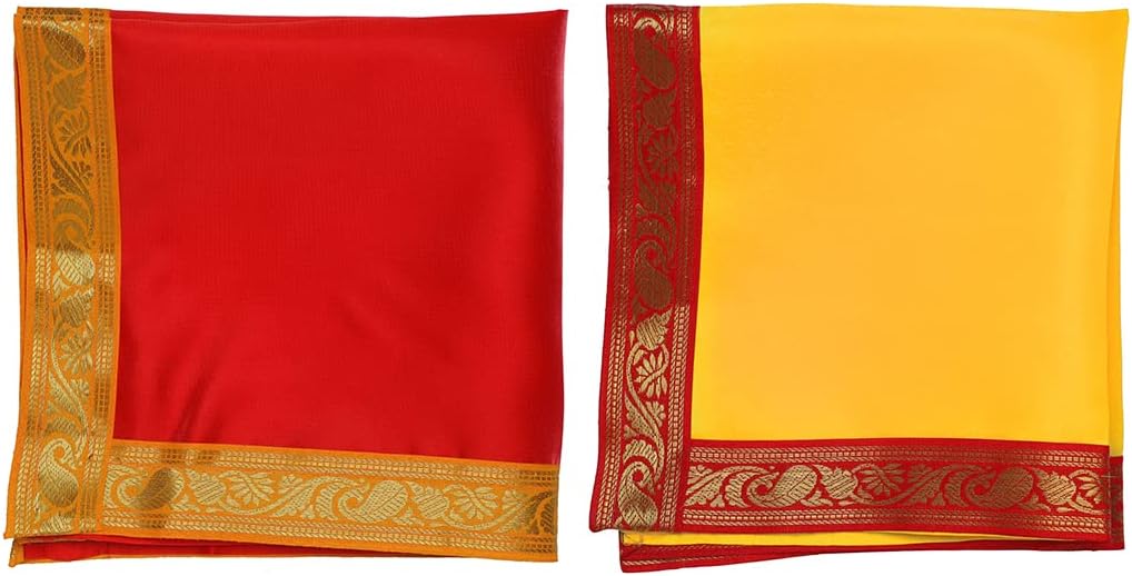 Red & Yellow Small Pooja Cloth Mat Aasan Decorative Cloth Set of 2 (Size:-16 Inches X 16 Inches,) for Multipurpose Pooja Decorations Item & Article Yellow Laxmi