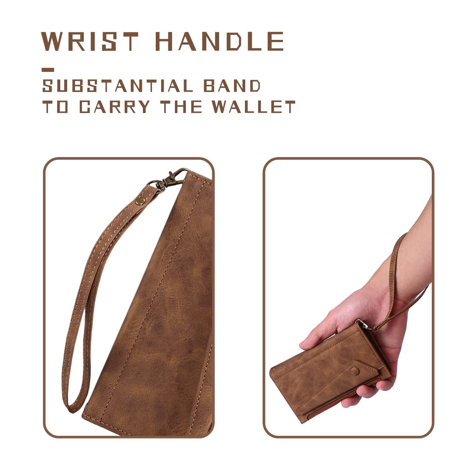 JINGANGYU JGY iPhone 14 Pro Max Zipper Leather Wallet Case for Woman Man, iPhone 14 Pro Max Case Wallet with 8 Card Slots Kickstand Wrist Strap Magnetic Closure Full Cover Flip Wallet (Brown)