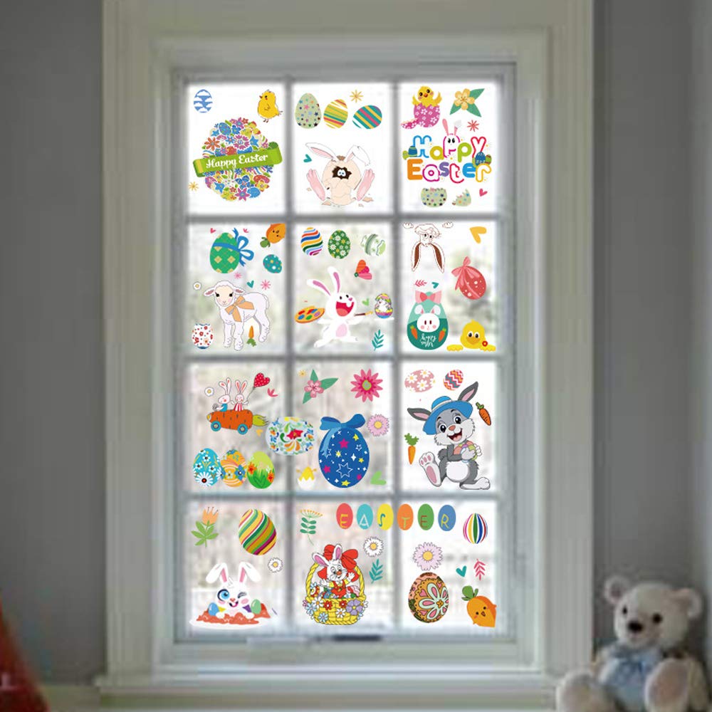 Easter Bunny Window clings Stickers Easter Window Stickers for Easter Party Decorations Easter Eggs Bunny Window Clings Flower Decals for Easter Decorations Window Wall Glass Door Art Decor