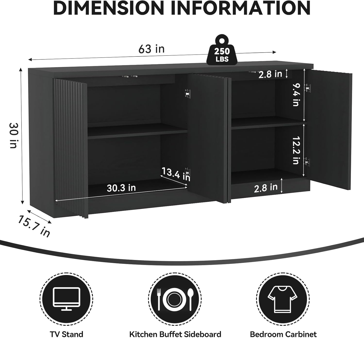 63" Fluted Buffet Cabinet Sideboard with Storage,Large Credenza with 4 Doors with Adjustable Shelves,Wood Mid Century Modern Sideboard for Kitchen, Living Room,Entryway(Black)