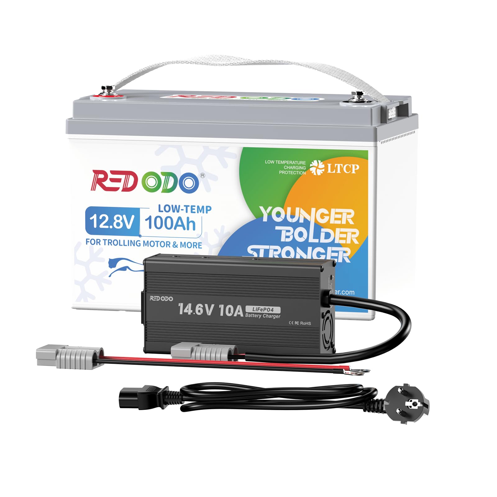 Redodo Akumulator LiFePO4 12 V 100 Ah z ładowarką 10 A, ochrona przed niską temperaturą, silnik trollingowy, akumulator litowy 31, ulepszony akumulator BMS 100 A, idealny do marynarki, łodzi, kampera