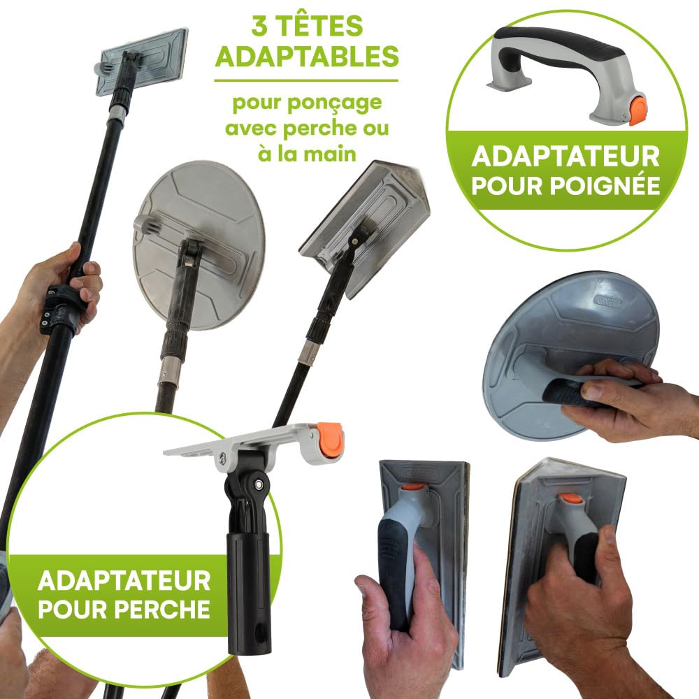 Kit ponçage plaquiste avec perche télescopique 1,2m - Ponceuse angle - circulaire - rectangulaire - détail - Feuilles abrasives
