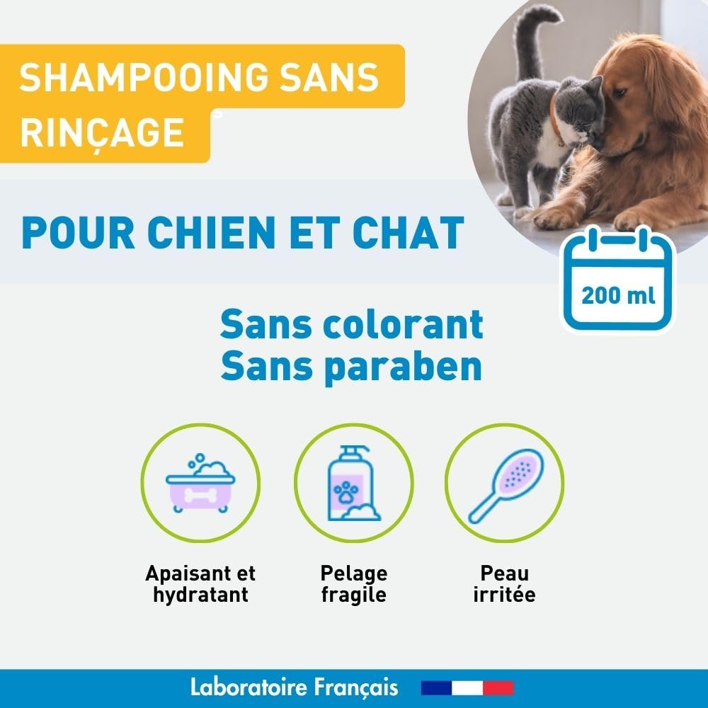 VETOFORM | Shampooing sans rinçage Chien et Chat | Apaisant et hydratant | Pelages fragiles et Peaux irritées | 97% d’Origine Naturelle | sans Colorant ni paraben | 200 ML | Fabriqué en France