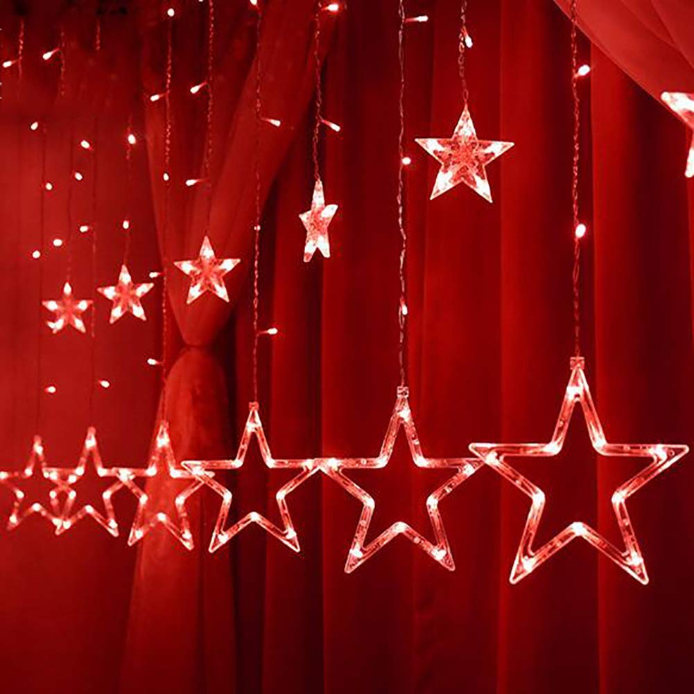Rideau lumineux LED 2,5 m x 0,9 m 138 LED 12 étoiles Rideau de fenêtre avec télécommande USB pour Noël, mariage (rouge)
