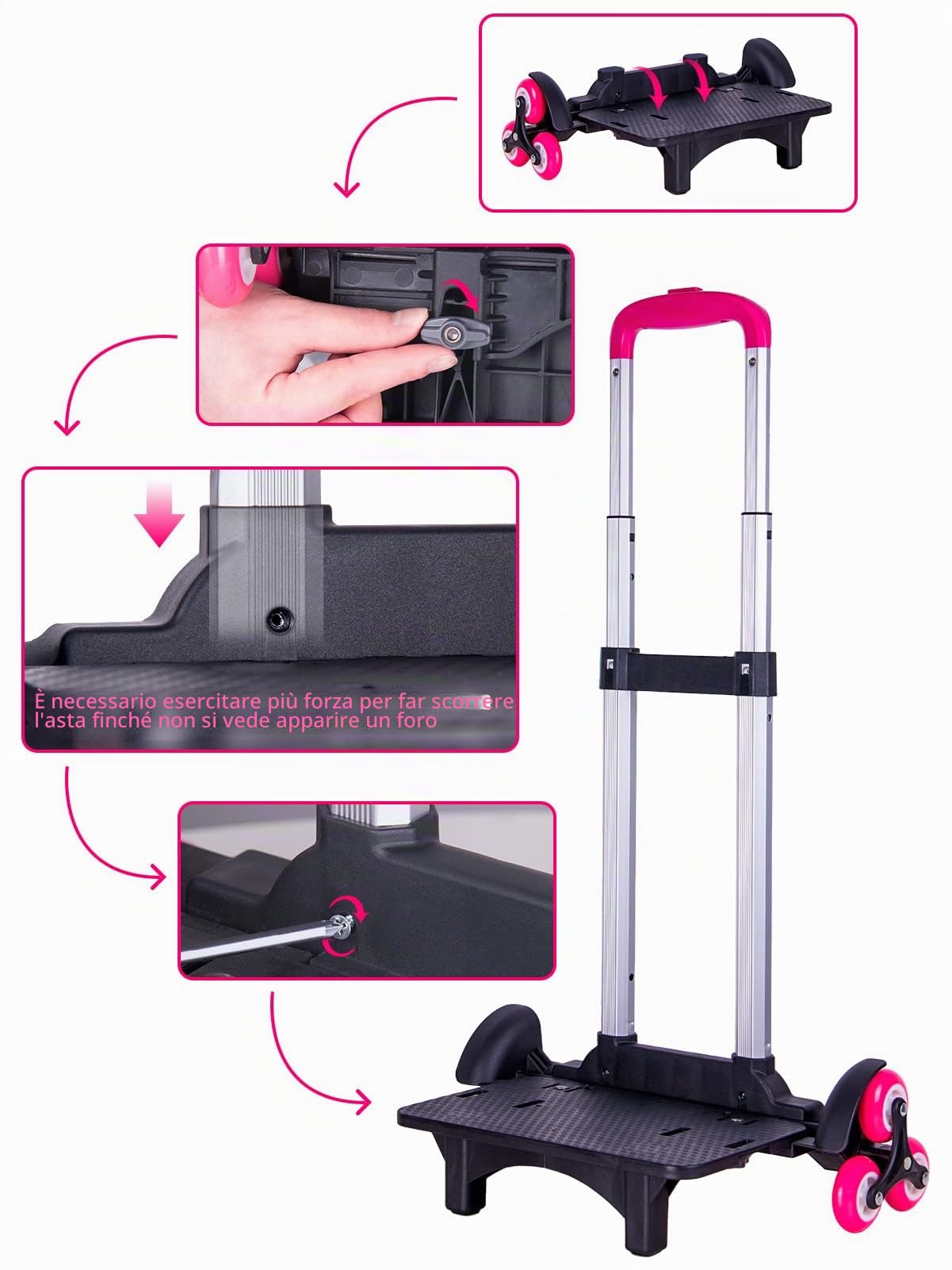 PROTAURI Carrello pieghevole per borse scolastiche – Ruote per bambini – Passeggino da viaggio con fibbie