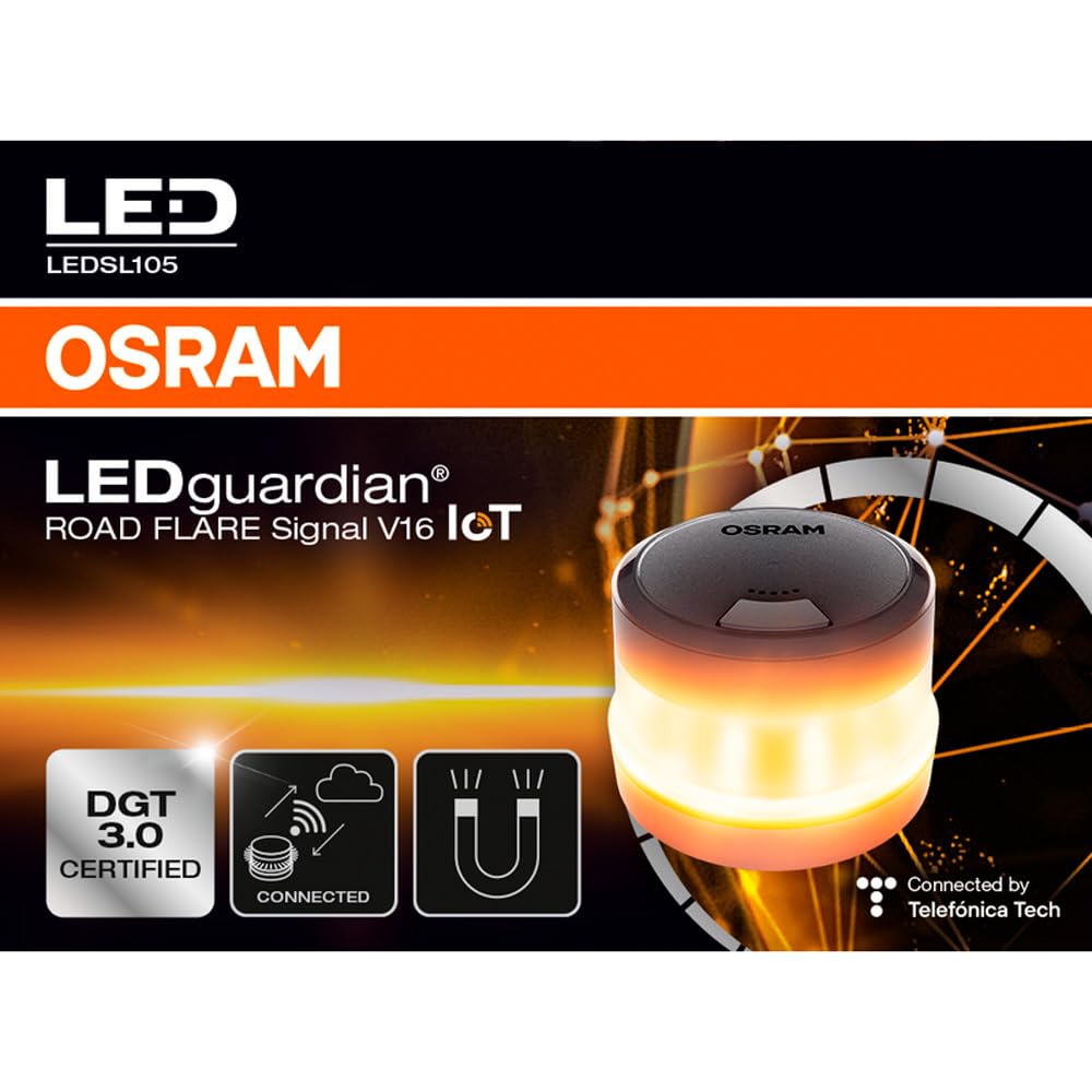 OSRAM LEDguardian Road Flare Signal V16 IoT, luz de Advertencia LED certificada DGT 3.0, Uso obligatorio en España, 1900K, localización en Tiempo Real (Paquete de 2)