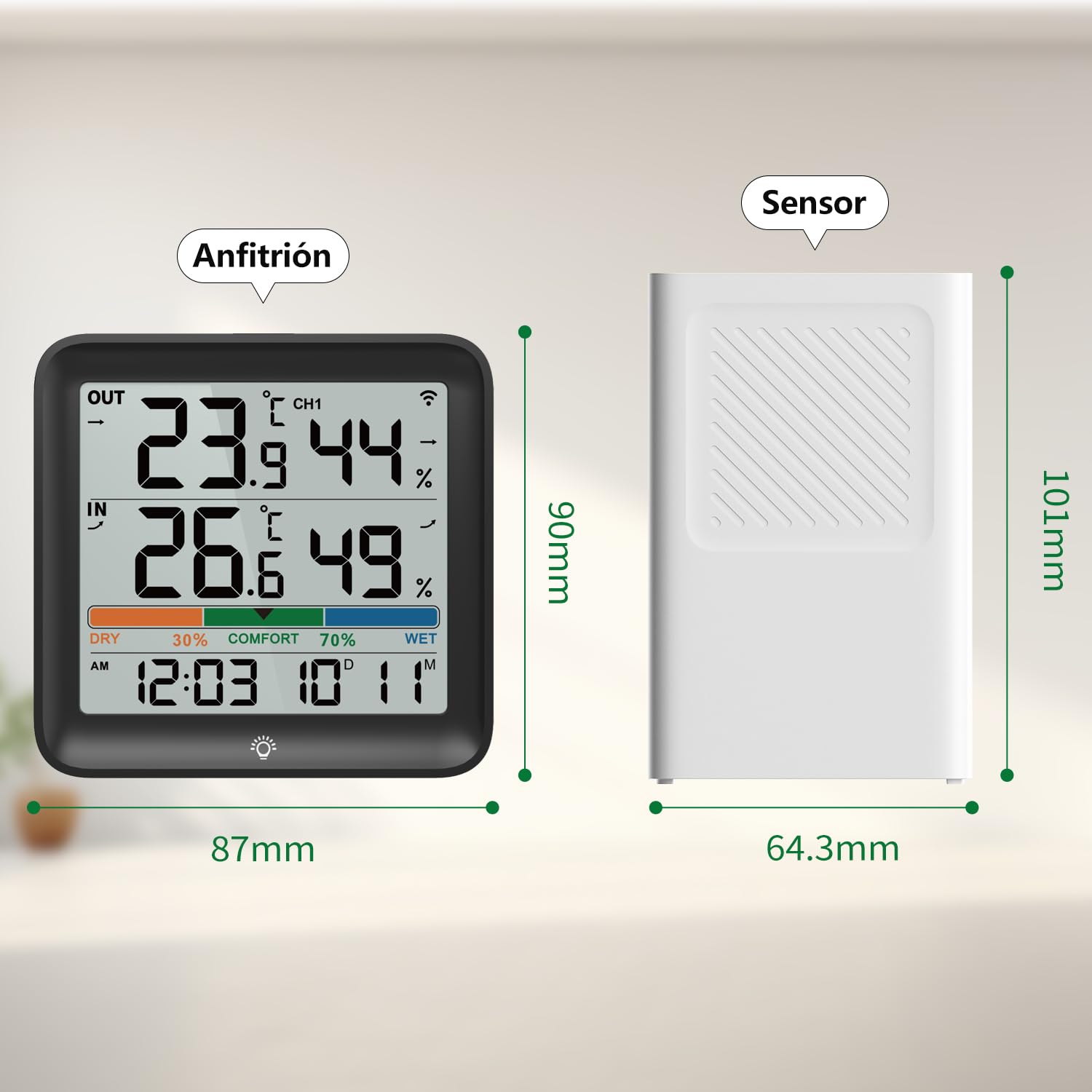 VOCOO Termómetro Para Interiores y exteriores Higrómetro Monitor de Humedad Medidor de Temperatura Digital Estaciones Meteorológicas con Retroiluminación LCD Reloj Fecha Valor Mínimo/Máximo