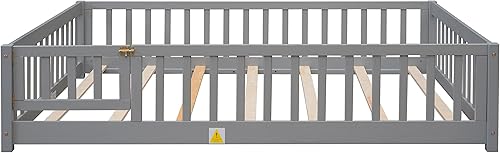 Miniatura 8 de Harper & Bright Designs Base de cama Montessori de tamaño matrimonial con valla y puerta, plataforma de madera para niños, niñas, listones