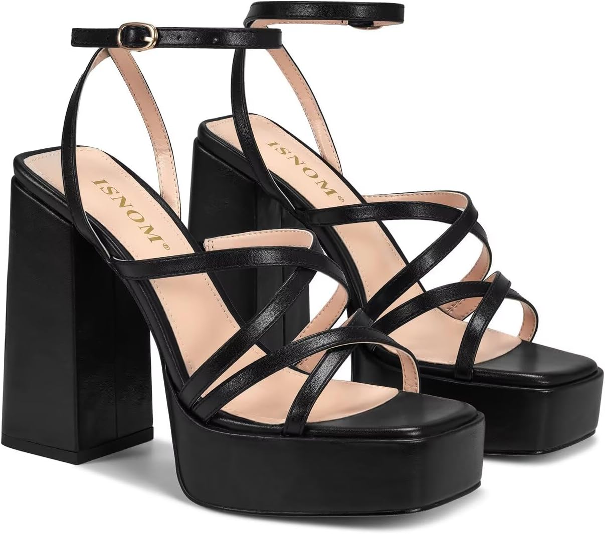ISNOM Platform Chunky Heels for Women, Block Heel Sandals with Open Square Toe and Ankle Strap - Image 4