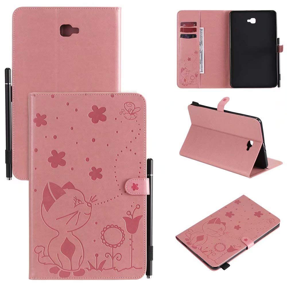 Abtory Galaxy Tab A 10.1 T580 Case,Cat&Bee Embossed PU Leather Folio Multi-Angle Viewing Wallet Case Cover for Samsung Galaxy Tab A 10.1 2016 (SM-T580 / T585, Not for 2019 Model) Pink