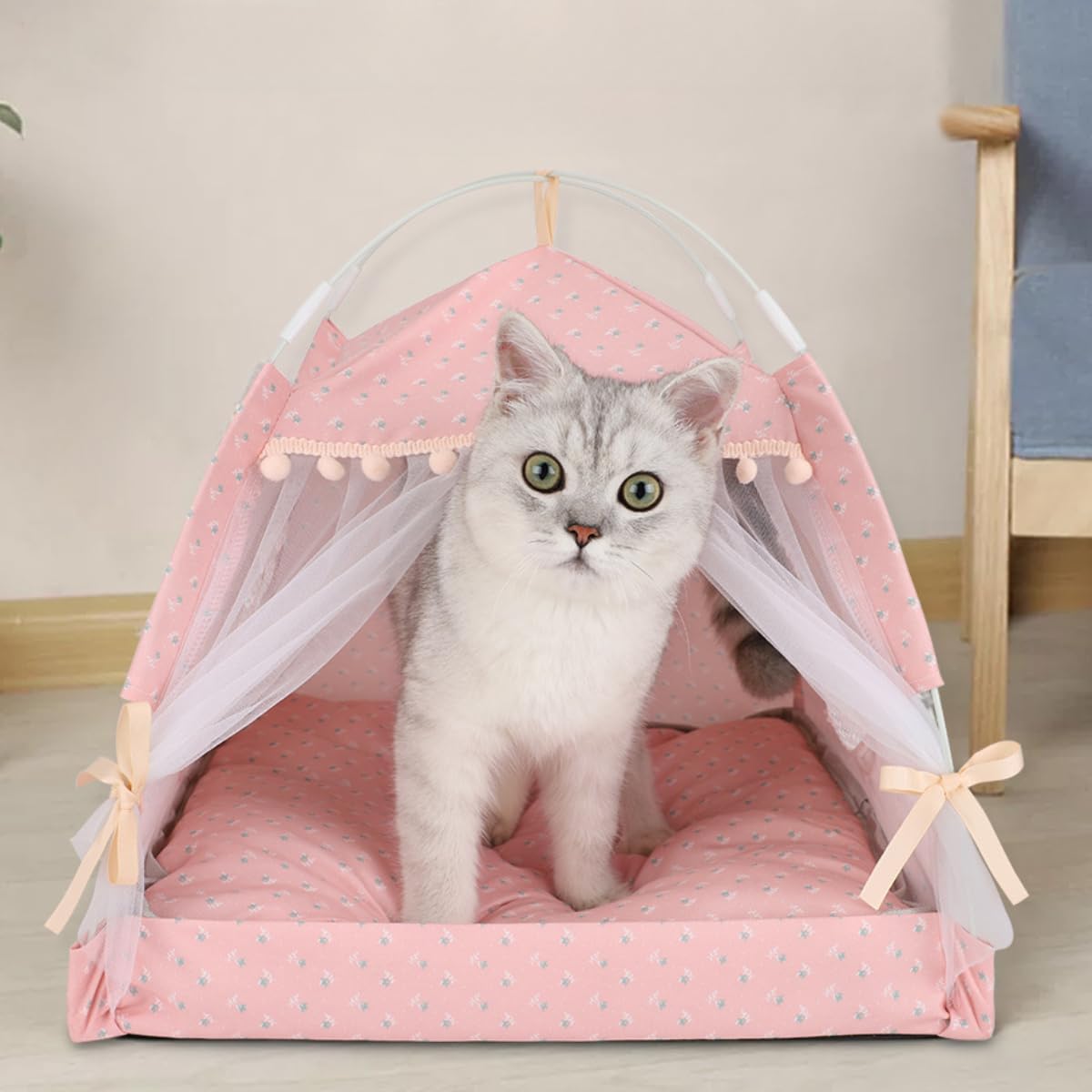 Cat Princess Tent Bed House Pet Tent for Indoor Cats with Soft Mat Kitten Cute Tent Indoor Cave Nest Bed (Green1,L(19.7IN*19.7IN))