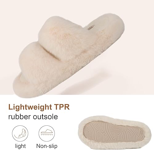 Miniatura 3 de FamilyFairy Pantuflas de piel sintética esponjosas para mujer, cómodas, puntera abierta, con forro polar y suela de goma