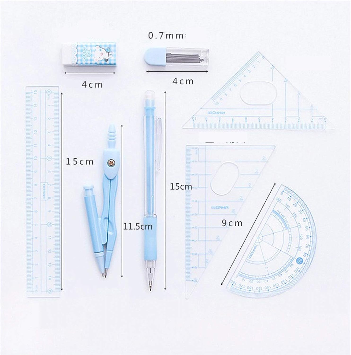 Lernhilfe Mathe-Kompass, 8-teiliges Geometrie-Set mit Aufbewahrungsbox, Kompass, automatischer Bleistift mit Nachfüllungen, 2 Dreiecke, Winkelmesser, Lineal Mathe-Set