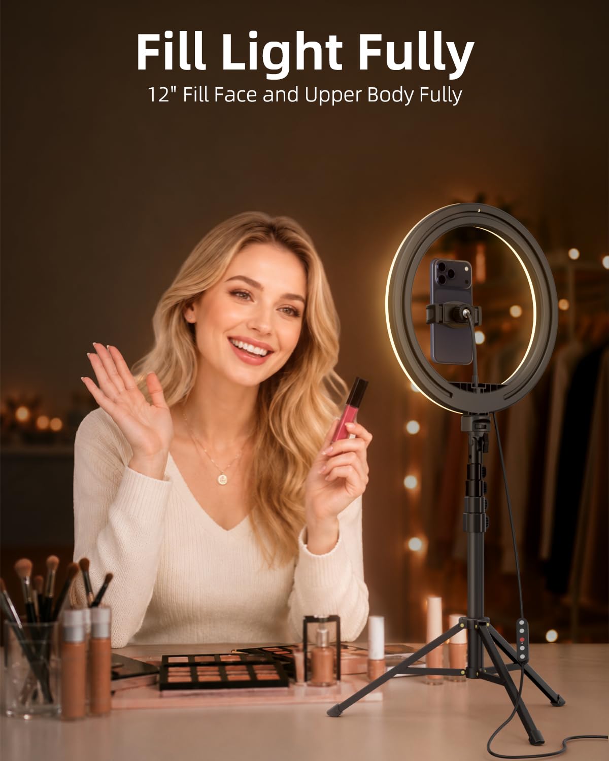 TODI 12" Ring Light with 63" extendable Tripod Stand, Selfie RingLight with Phone Holder and Selfie Remote, 2-in-1 Dimmable LED Ring Light for Makeup, Live Stream, Photography