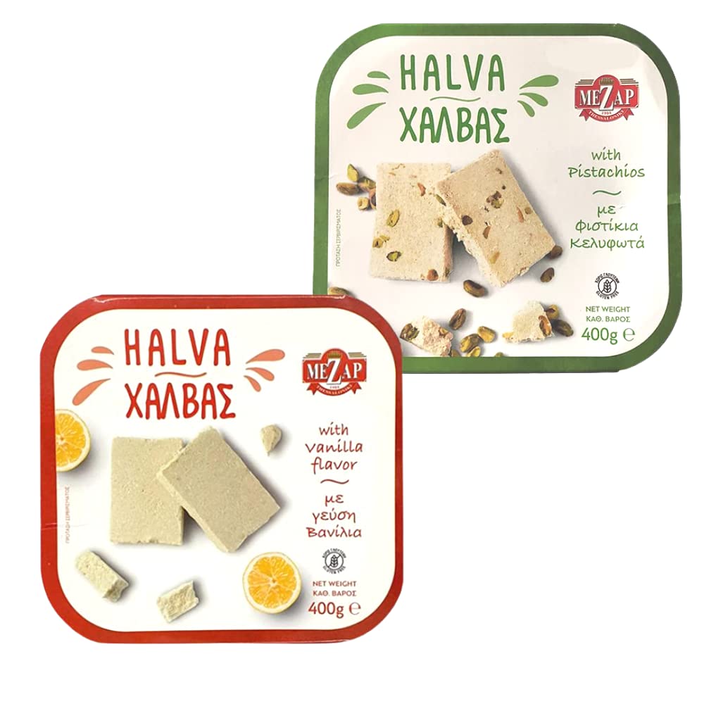 Mezap Greek Halva Varietà 2 Confezione - Vaniglia 400 g, Pistacchio 400 g