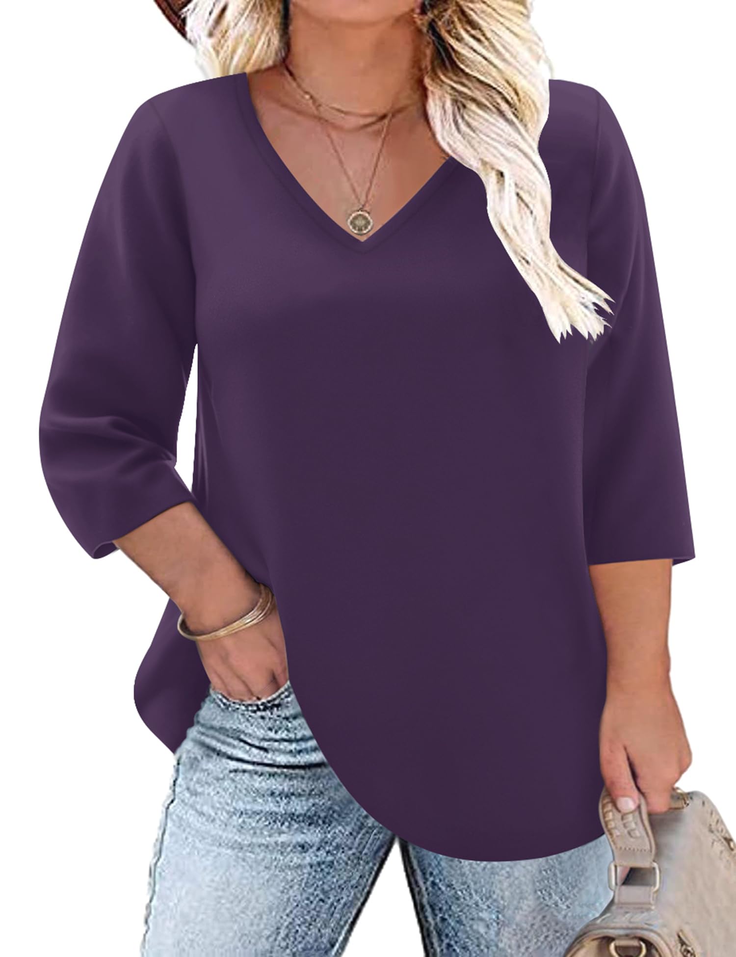TFSDOD Womens Plus Size Tops V Neck T Shirts 3/4 Sleeve Blouse Summer Casual Tees XL-5X