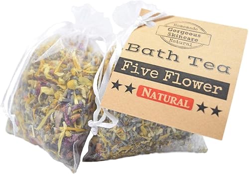 Five Flower Bath Tea Bag - Tub Tea, Floral Bath Soak, Relaxation Body Soak Elder Flowers, Rose, Lavender, Chamomile, Calendula, Epsom Salt