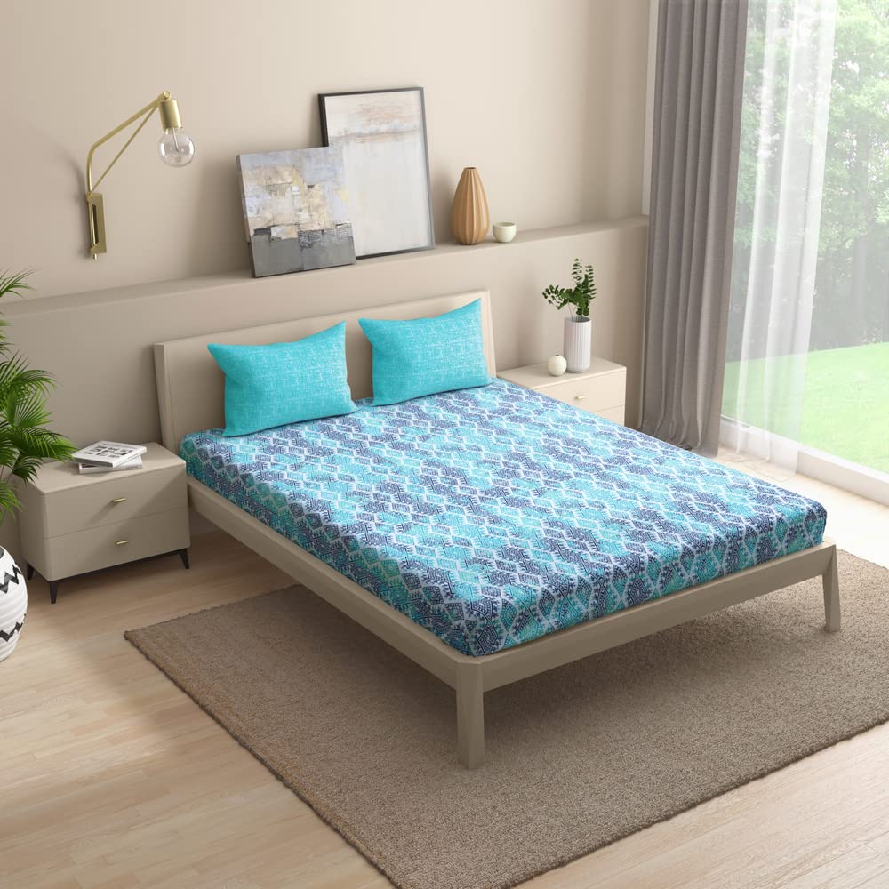 100% Cotton 160 TC Printed Flat Bedsheet, Seher King Size (104x104 Inches) / (2.64m*2.64m) with 2 Pillow Covers Seher, King