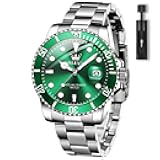 Men's Watches with Date, Premium Gold and Silver Stainless Steel Analog Watches for Men, Classic Rotatable Bezel Men's Cuff Watches, Blue/Green/Black Dial