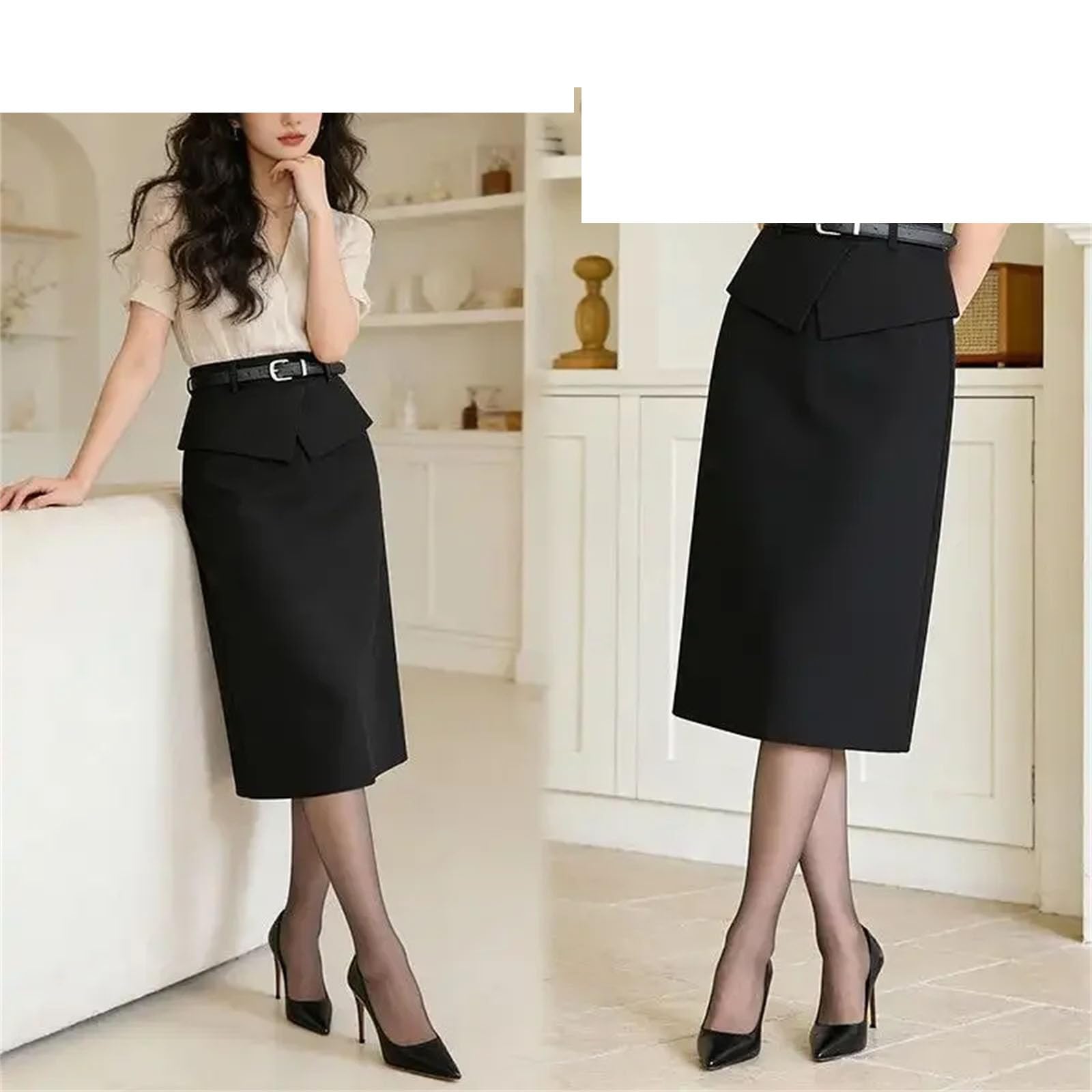 Falda midi entallada para mujer, cintura alta con cinturón, diseño dividido, faldas elegantes para oficina y trabajo