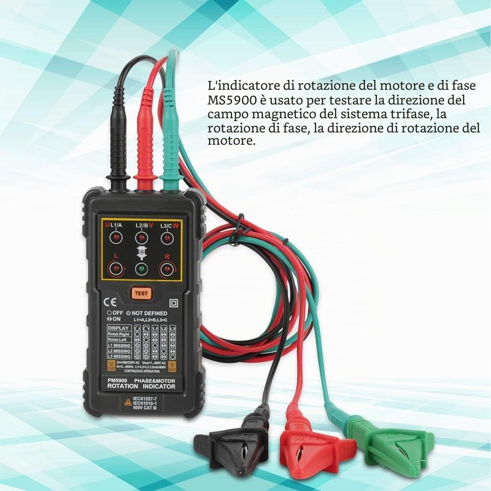 PM5900 3 Fasi Indicatore di Rotazione del Motore, Tester Fasi Trifase Portatile Indicatore di Fase del Motore Sequenzimetro Trifase per Sistema Trifase, Rotazione di Fase, Misuratore di Campo Rotante