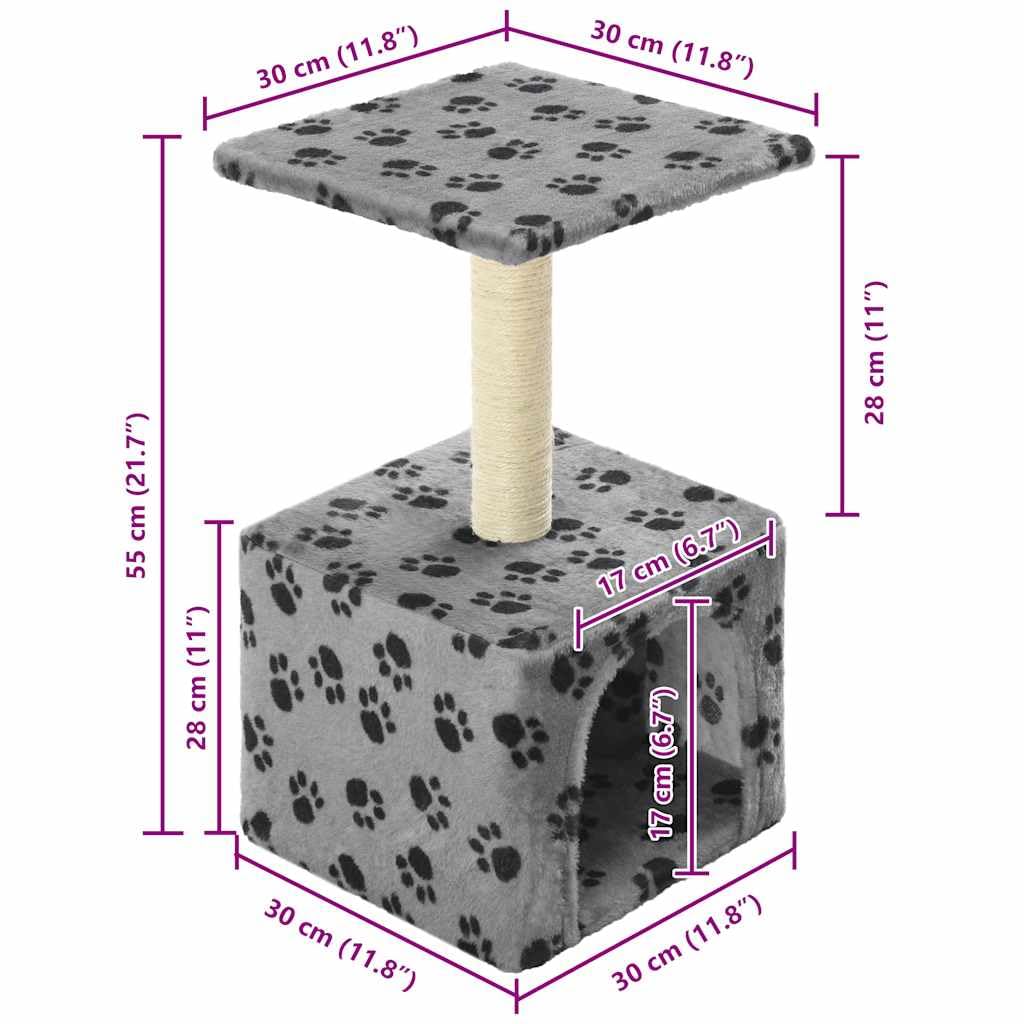 Árbol rascador para gatos de 55 cm de alto con casa y plataforma, tronco rascador para gatitos y gatos pequeños envueltos en sisal, muebles para gatos estables grises con diseño de patas