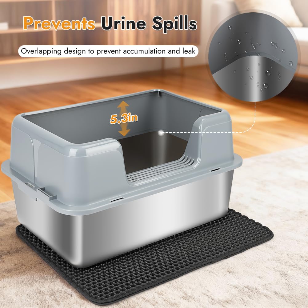 Vivifying Arenero Cerrado para Gatos de Acero Inoxidable con Tapa, Acero Inoxidable con Pala de Metal, Felpudo para Esparcir (S-gris)