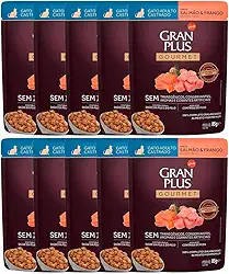 Kit 10 Rações Úmidas Gran Plus Sachê Gatos Gourmet Castrados Salmão e Frango 85g