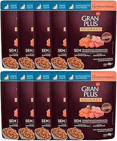 Kit 10 Rações Úmidas Gran Plus Sachê Gatos Gourmet Castrados Salmão e Frango 85g