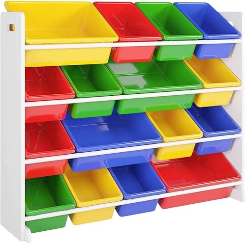 Miniatura 1 de MENGK Organizador de almacenamiento de juguetes de madera para niños con 16 contenedores de plástico, XL, verde, azul, rojo, amarillo