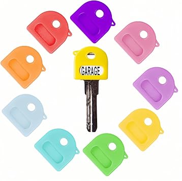 10 Pcs Key Covers with Labels, 1" Soft Stretchy Key Caps for House Keys, Key Head Protectors in 10 Colors Not for Odd-Shaped Keys