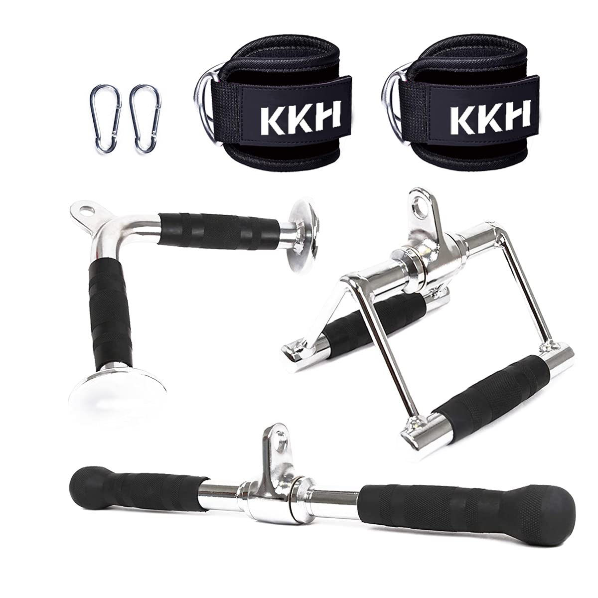 KKH Cable LAT Pull Down Attachments Combo for Weight Fitness, Cable Machine Accessories for Home Gym, Set with V-Shaped Bar, Straight Rotating Bar, Double D Handle, Snap Hooks, Ankle Strap